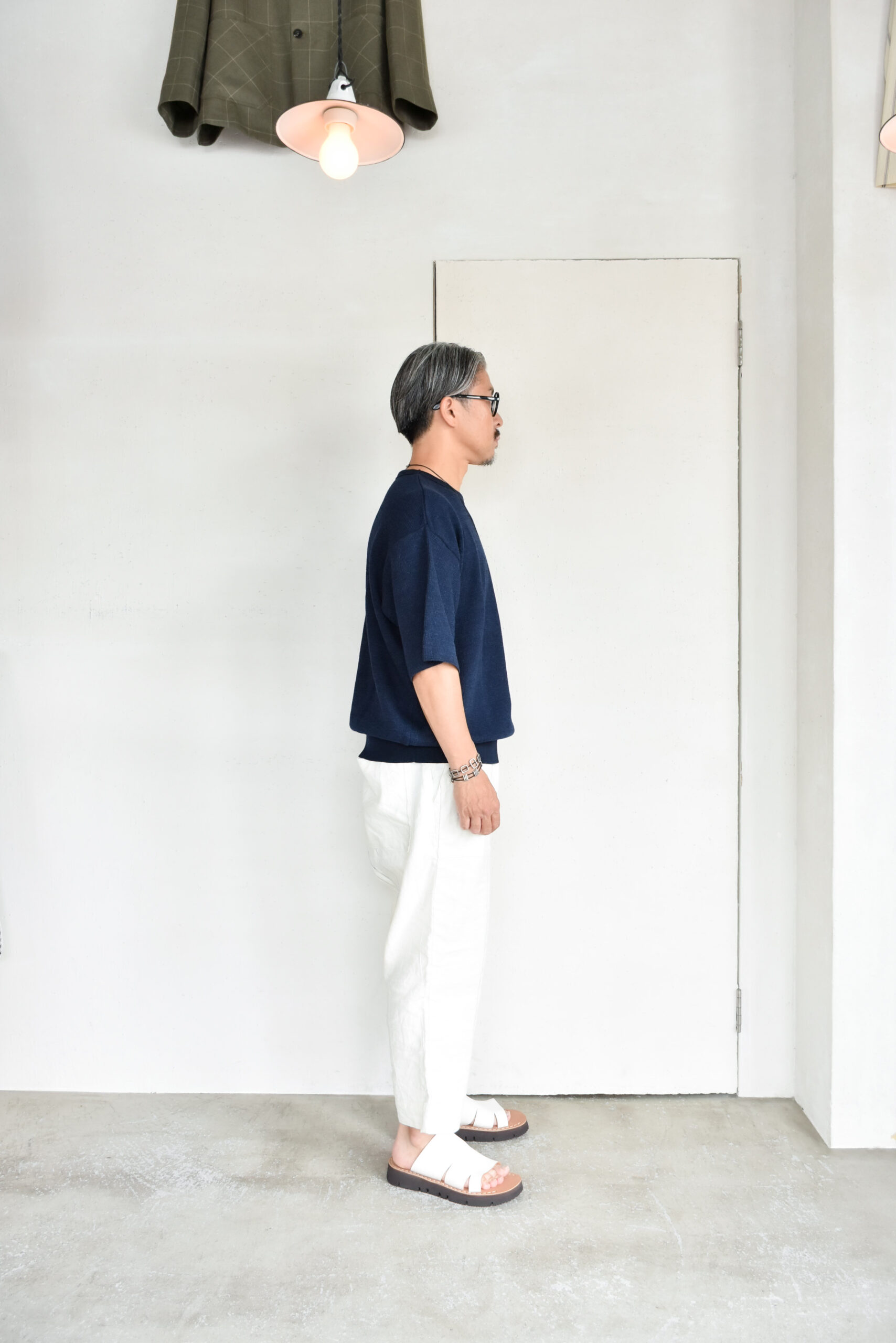 FilMelange CASEY Half Cardigan Stitch Cotton Knit T-Shirt Navy Melange