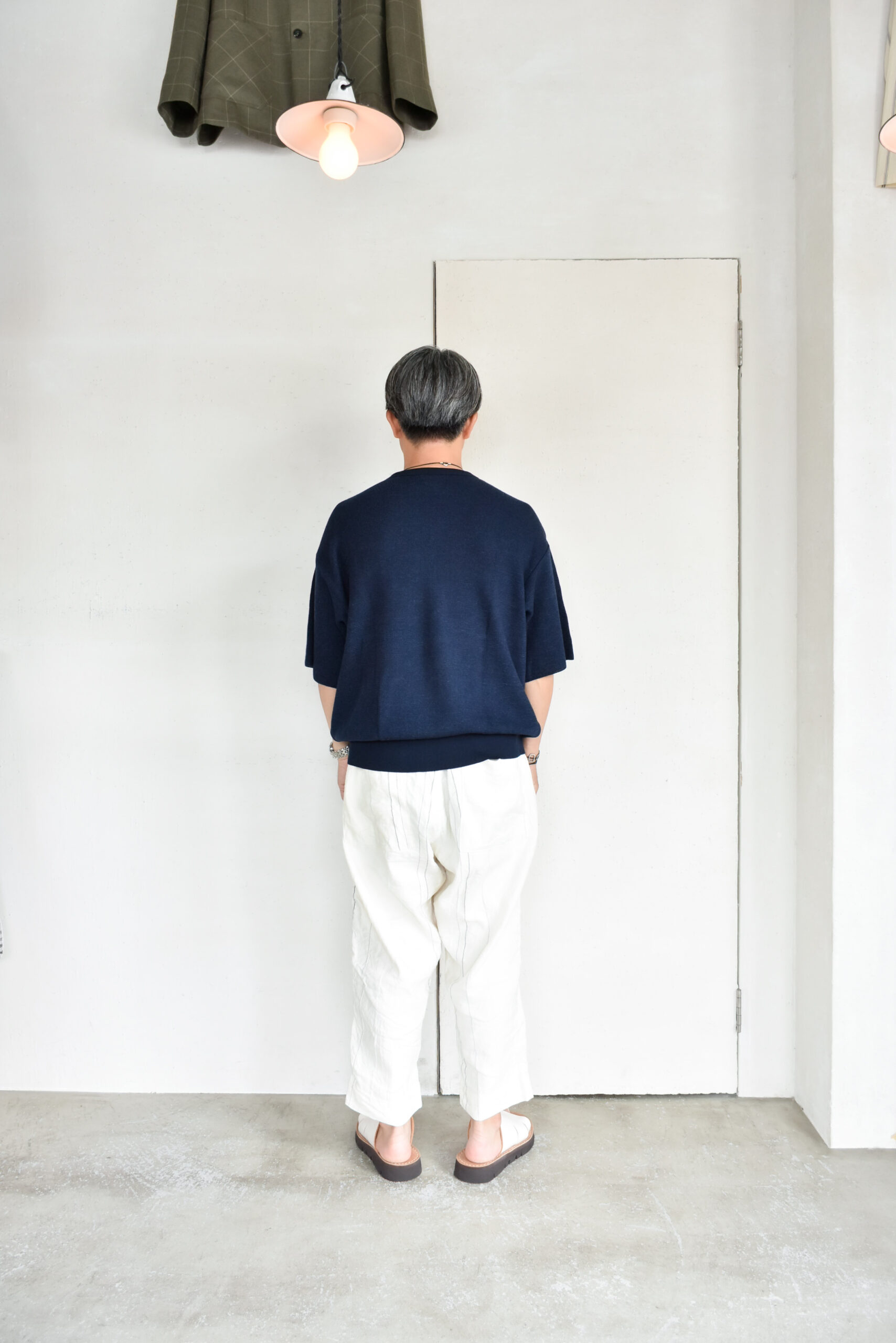 FilMelange CASEY Half Cardigan Stitch Cotton Knit T-Shirt Navy Melange