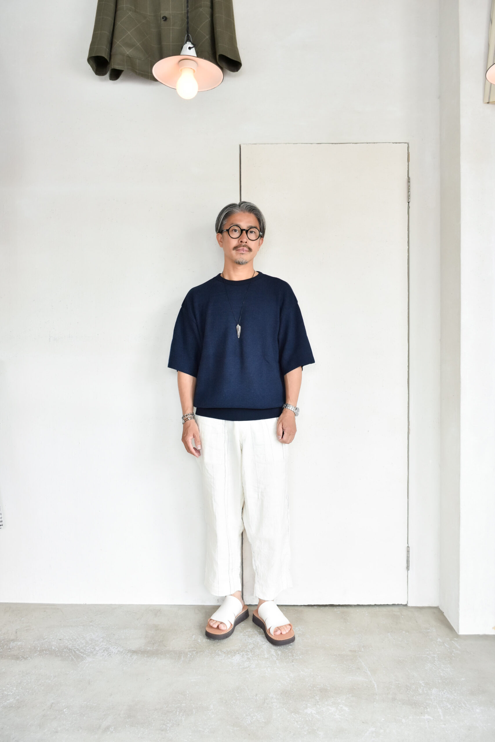 FilMelange CASEY Half Cardigan Stitch Cotton Knit T-Shirt Navy Melange